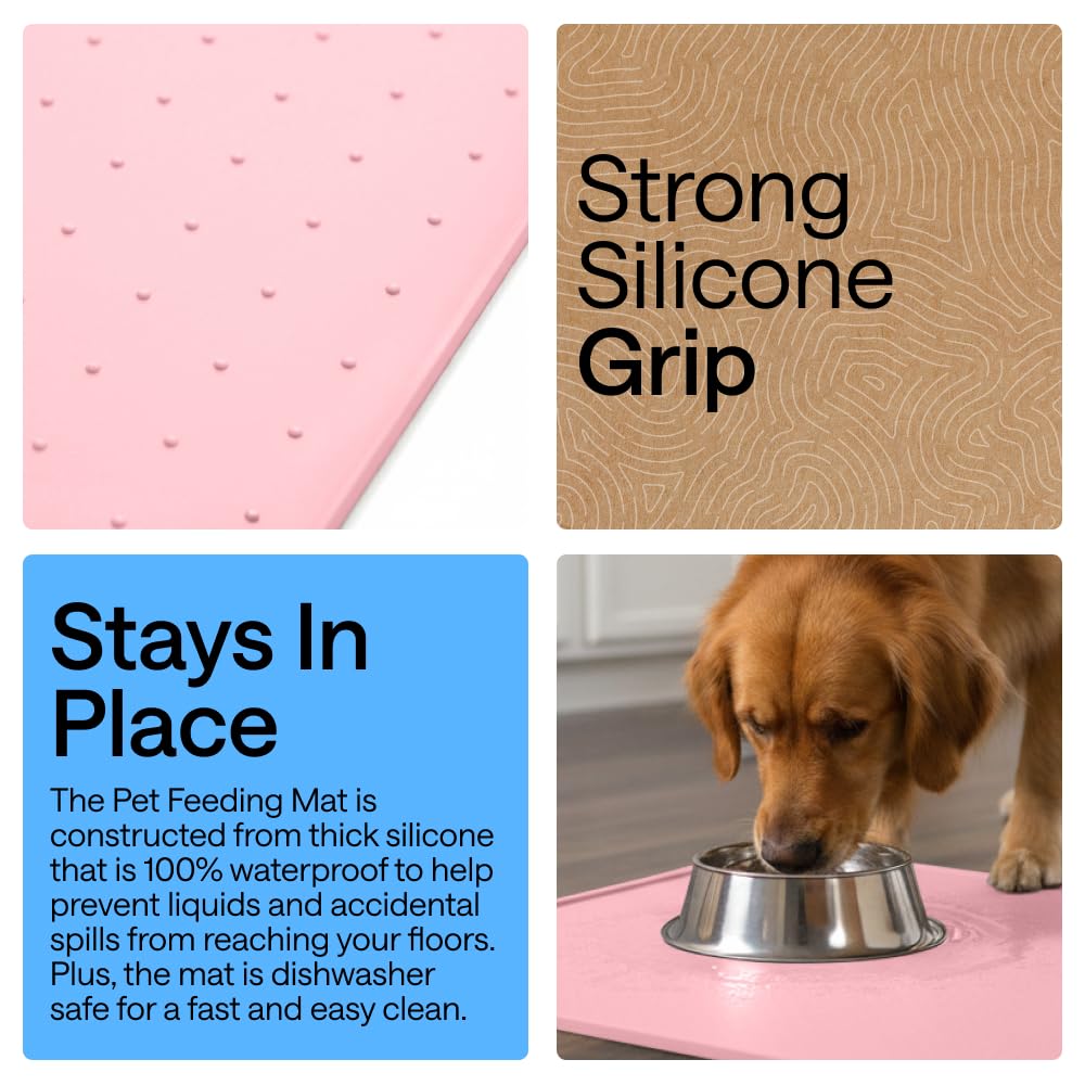 GORILLA GRIP 100% Waterproof Raised Edge BPA Free Silicone Pet Feeding Mat, Dog Cat Food Mats Contain Spills Protects Floors, Placemats for Cats and Dogs Water Bowl, Pets Accessories 18.5x11.5 Pink