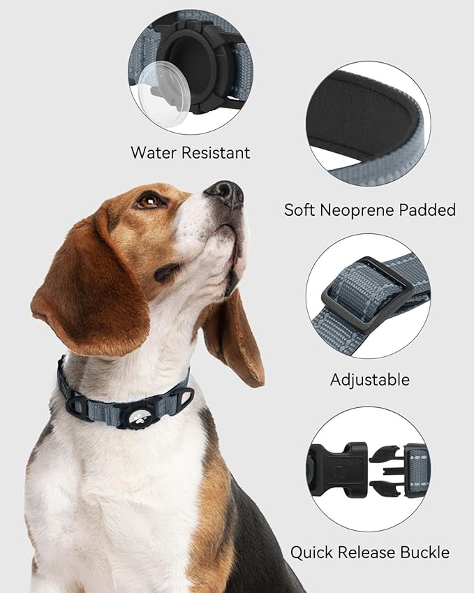 Joytale Airtag Dog Collar, Reflective Pet Collar with Waterproof AirTag Holder, Dual D-Rings, Soft Padded Adjustable for Extra Small and Puppy Dogs, Gray, XS