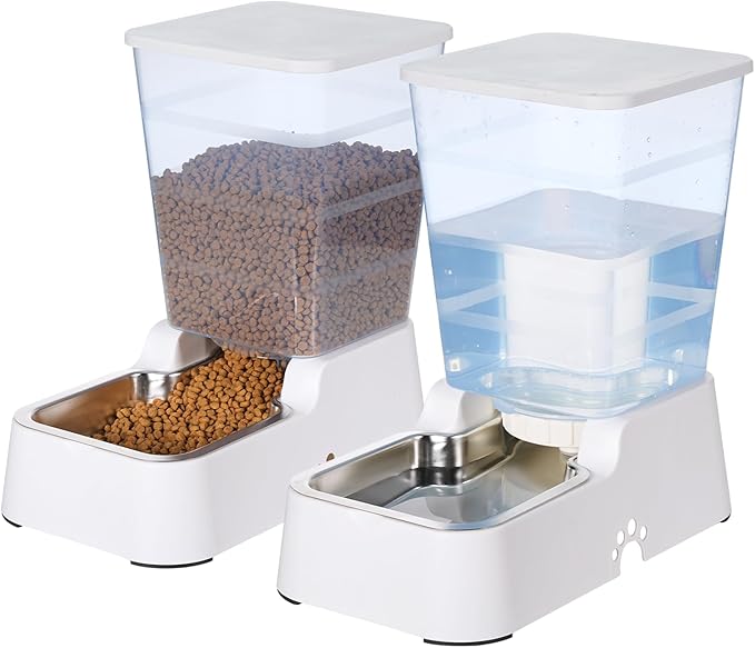 Leefele Automatic 5.4L/1.4Gal Pet Waterer, Automatic Dog Water Dispenser Gravity Stainless Steel Water Feeder, Large Capacity Feeding Bowls for Cats and Medium & Large-Sized Dogs (Black, Food+Water)