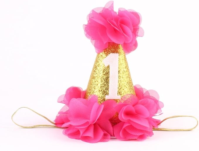 Stock Show 1st Pet Birthday Cone Hat Dogs Cats Holiday Party Hat Headwear Costume with Flowers Accessories and Adjustable Headband for Small Medium Dogs Cats Pets Baby (Rose)