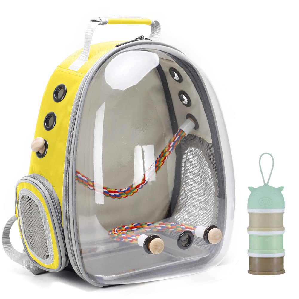 Bird Traval Carrier Cage, Clear Space Capsule Astronaut Backpack to Carry Parakeet Cockatiel Parrot with Metal Tray Wood Perch Bird Feeder, Vet Transport School Bag