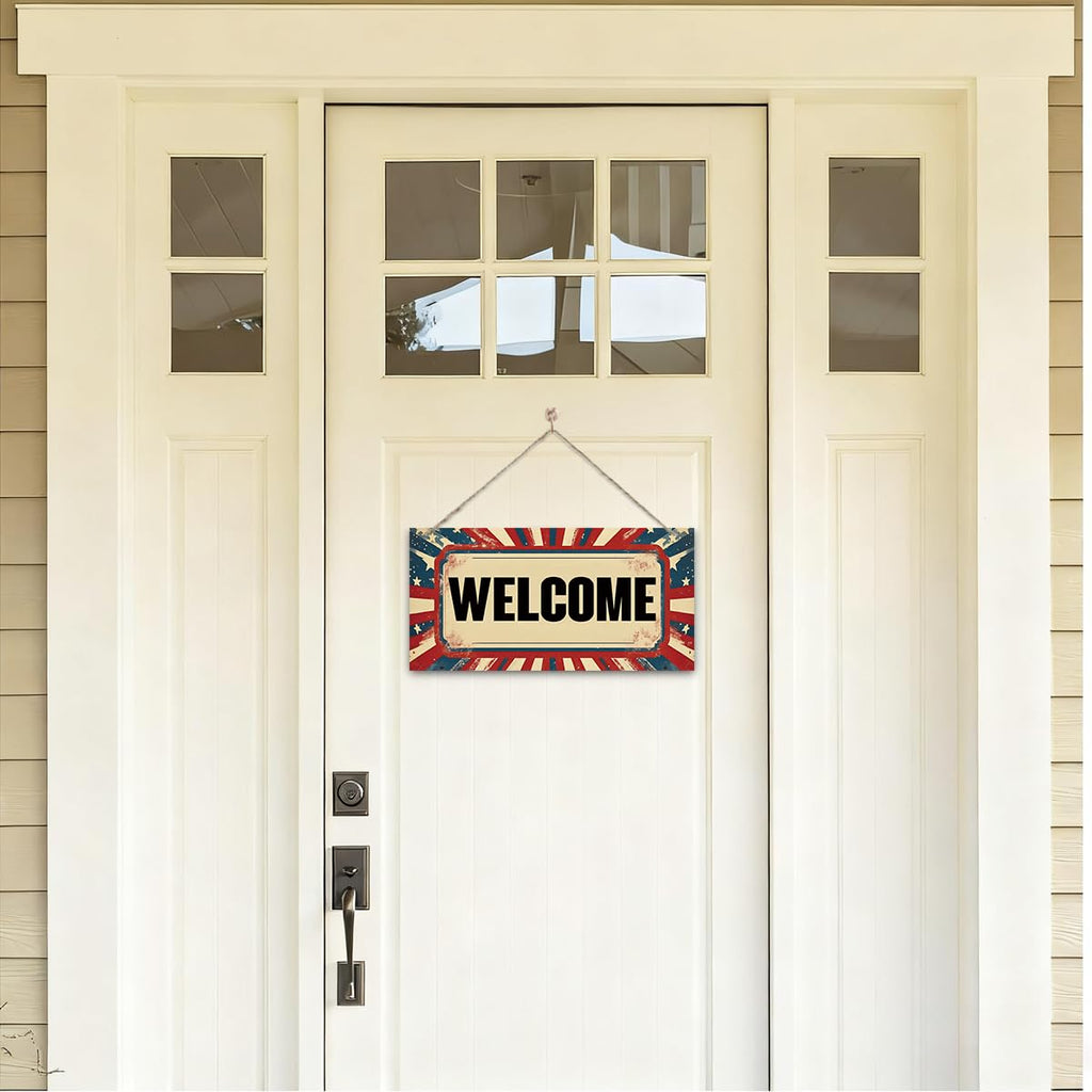 Welcome Sign for Front Door, Welcome Decor Wooden Hanging Sign for Wall Decor, Retro America Wall Hanging Signs, Funny Wooden Outdoor Front Door Decoration 13.8X6.9 inches