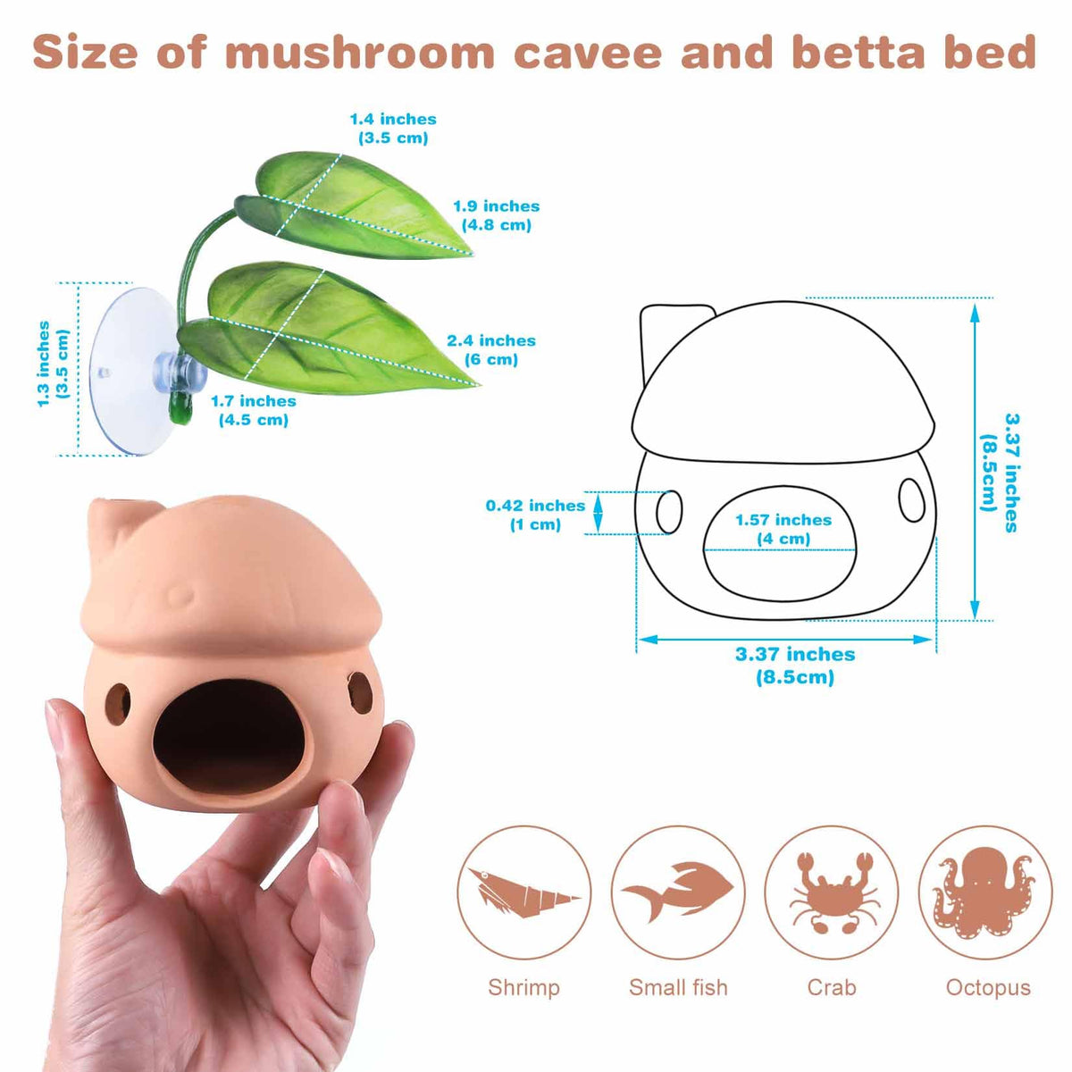 Betta Fish Tank Accessories,Pleco Caves for Aquarium,Fish Aquarium Decoration,Smalland Shrimp Breeding Cave Don't Contain Paint,Natural Ceramics Mushroom House