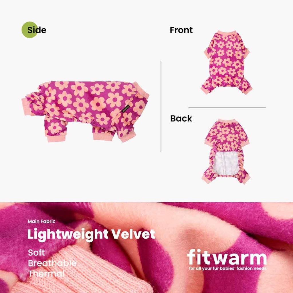 Fitwarm Flower Fleece Dog Pajamas, Warm Winter Dog Clothes for Small Dogs Girl, Cozy Pet Onesie with Feet, Pink, Medium