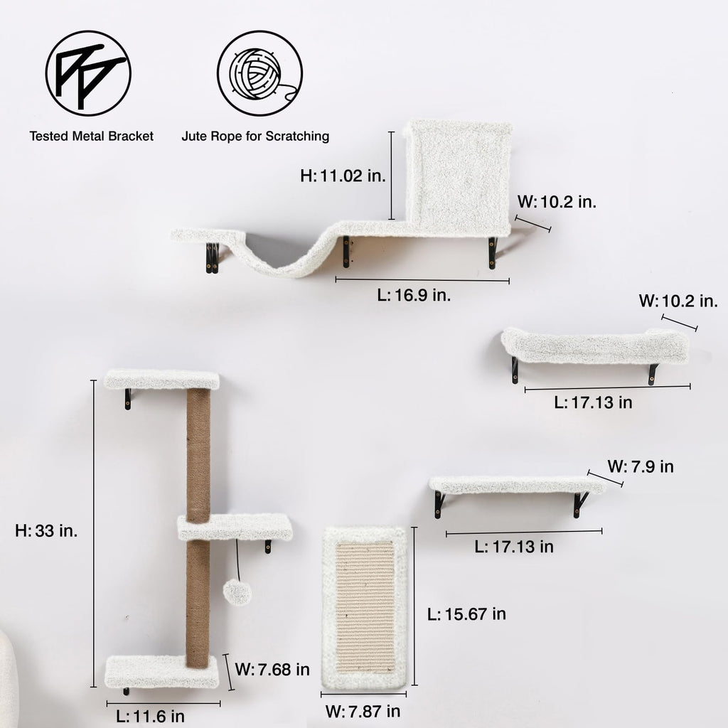 5-in-1 Cat Wall Shelves, Multi-Level Cat Climbing Furniture, Perch & Lounge for Indoor Cats, Space-Saving Wall Mounted Shelves for Play & Rest (Natural Wood) - White