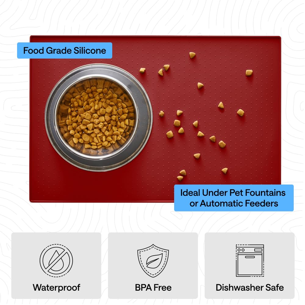 GORILLA GRIP 100% Waterproof Raised Edge BPA Free Silicone Pet Feeding Mat, Dog Cat Food Mats Contain Spills Protects Floors, Placemats for Cats and Dogs Water Bowl, Pets Accessories 23x15 Red