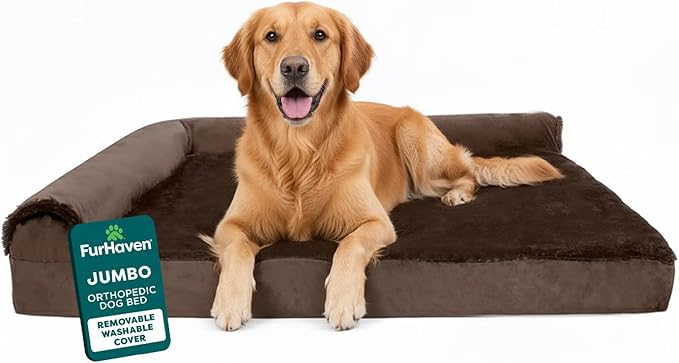 Furhaven Orthopedic Dog Bed for Medium/Small Dogs w/ Removable Bolsters & Washable Cover, For Dogs Up to 35 lbs - Two-Tone Plush Faux Fur & Suede L Shaped Chaise - Espresso