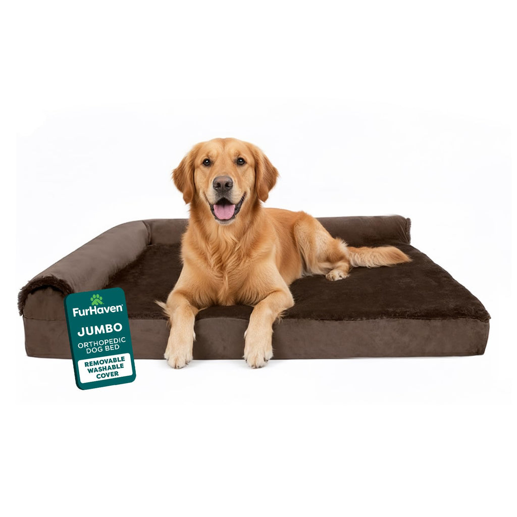 FurHaven Orthopedic Dog Bed for Large Dogs, L-Shaped Chaise Mattress, Egg Crate with a Solid Orthopedic Foam Base for Joint Support, Removable Washable Cover, Jumbo XL, Plush & Velvet, Sable Brown