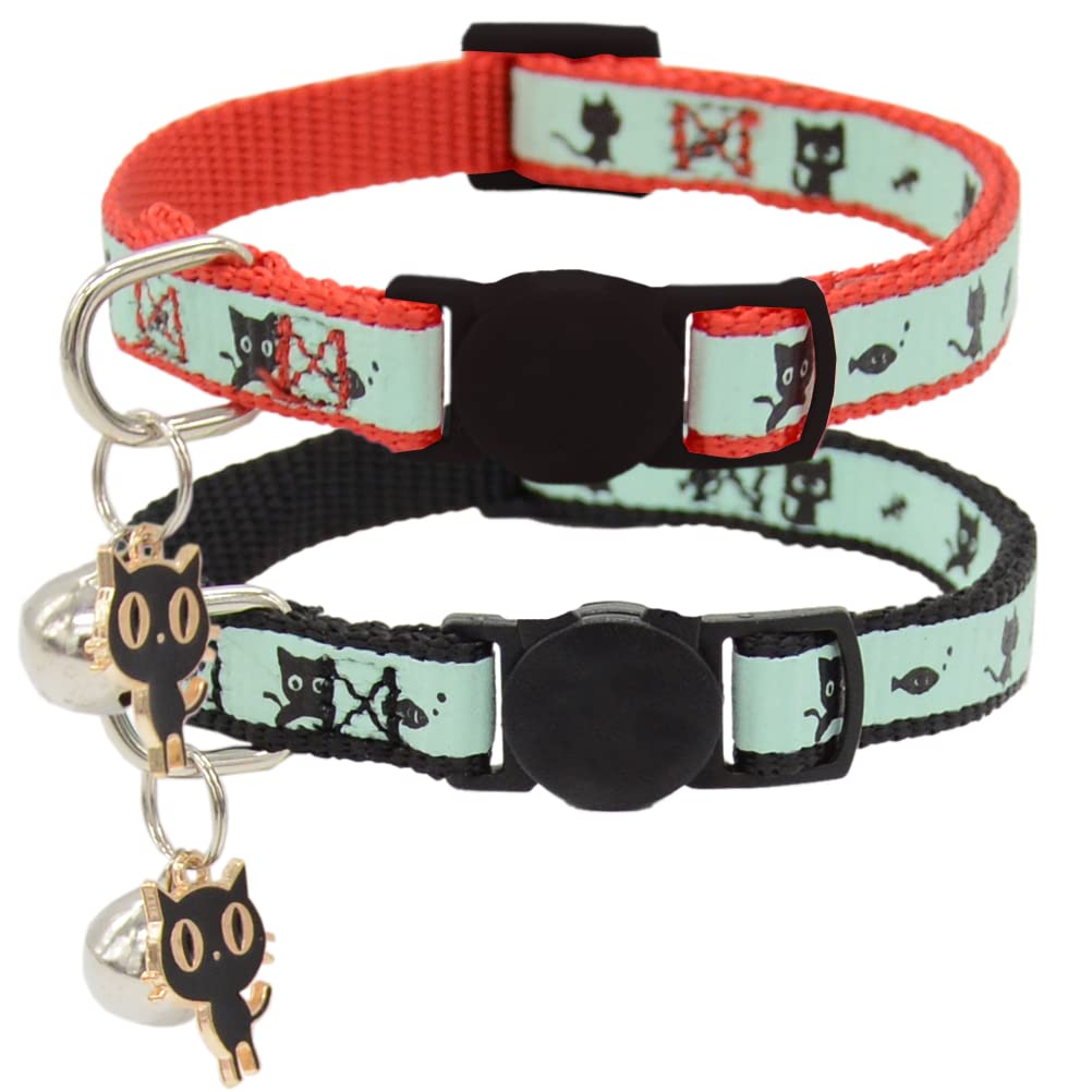 2 Pack Glow in The Dark Cat Collar with Bell Breakaway Safety Cat Puppy Collars with Pendant Black and Pink