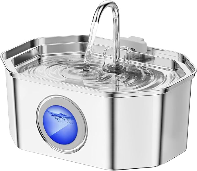 Cat Water Fountain, Apauk 108oz/3.2L Silent cat Water Fountain Stainless Steel, Cat Fountain, Automatic Pet Water Fountain,Dog Bowl, Controllable Blue Light - (2 Filters& 2 Sponges)