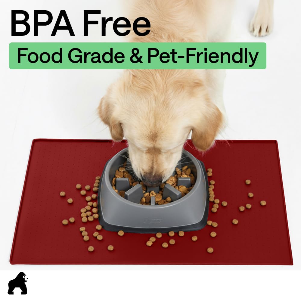 GORILLA GRIP 100% Waterproof Raised Edge BPA Free Silicone Pet Feeding Mat, Dog Cat Food Mats Contain Spills Protects Floors, Placemats for Cats and Dogs Water Bowl, Pets Accessories 23x15 Red