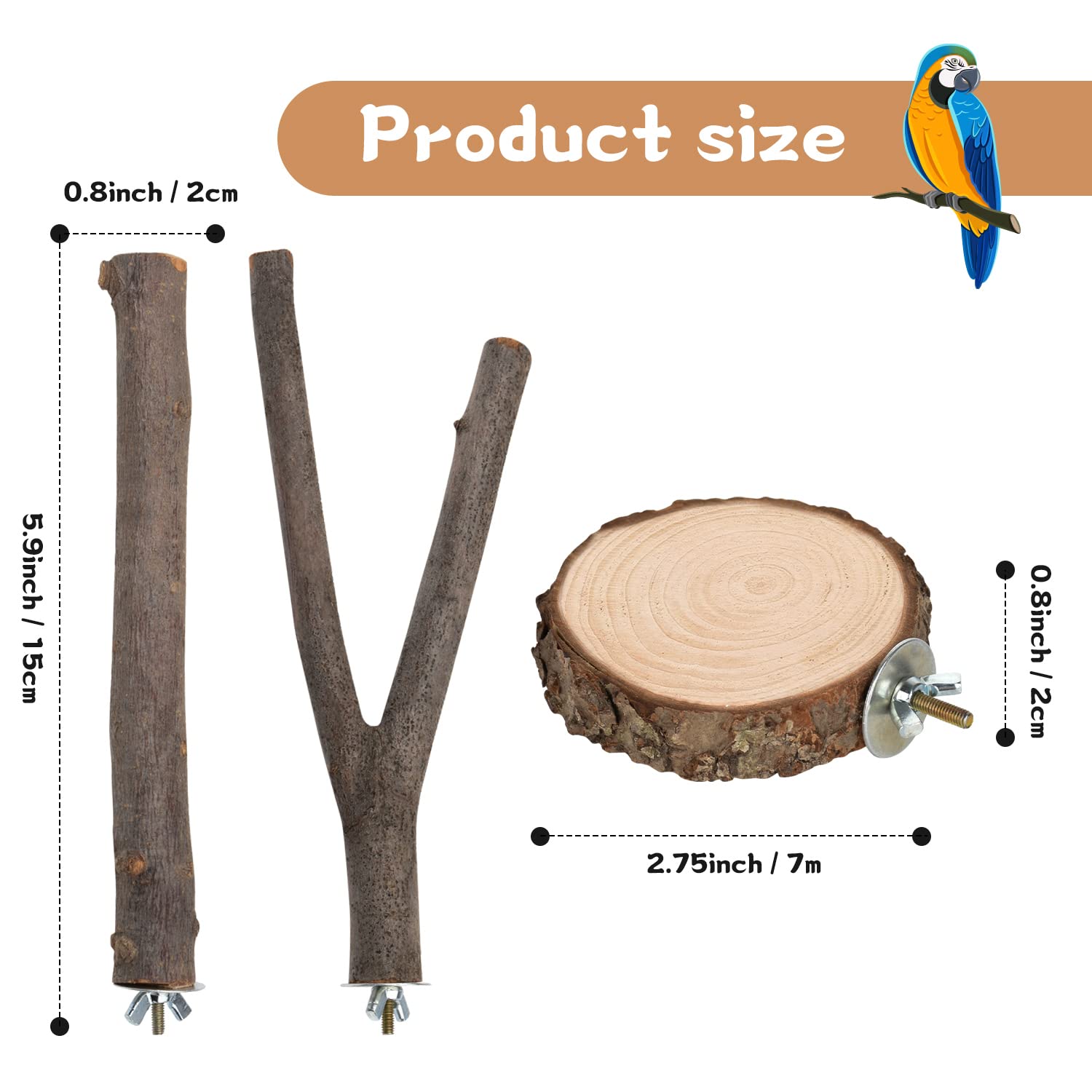 9 PCS Natural Wood Bird Perch, Wooden Parrot Perch Stand
