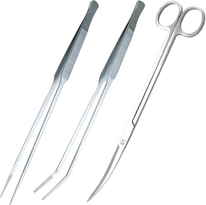 3-Piece Aquascaping Tools Set – 25cm / 9.8in Straight & Curved Long Tweezers, Scissors, Fine Tip 1mm – Aquarium Plant Care, Terrarium Tools
