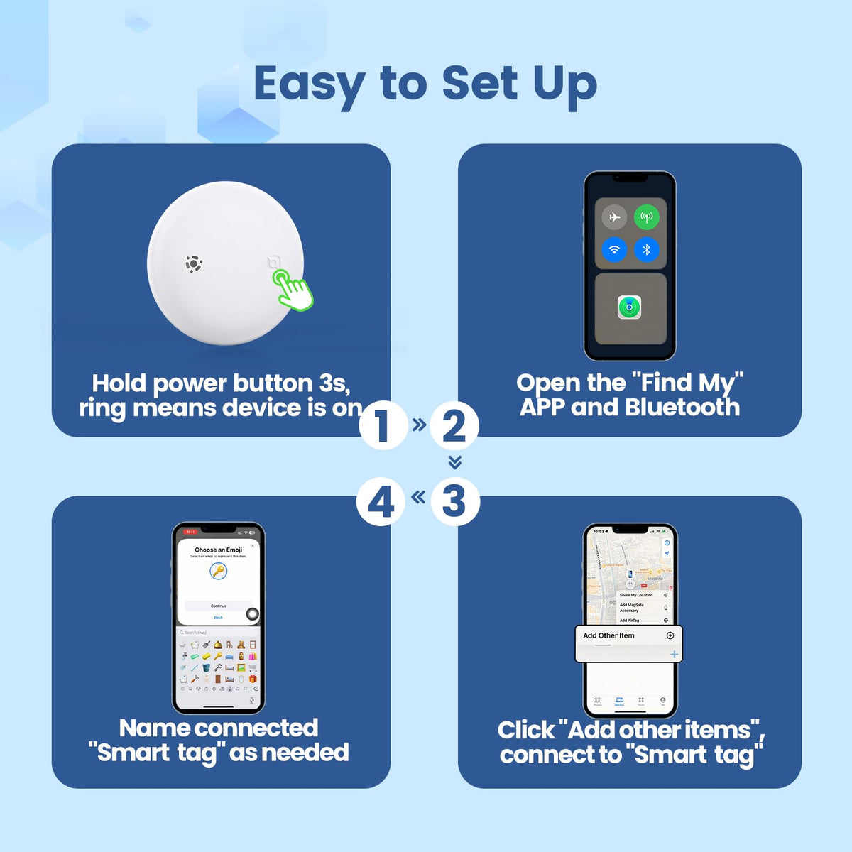 Smart Pet Tracker for Collar - Dog Trackers Location for Pet with Holder, No Monthly Fee, Real-Time Tracking, iOS Only, Emergency Contact, Long-Lasting, Anti-Lost Tracker for Cats, Bag Straps,Blue