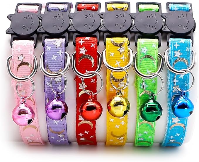 Reflective Cat Collars Breakaway with Bell 2-Pack Girl Boy Pet Kitten Collar with Star Moon Patetrn Adjustable 7.5-12.5 Inch (Pink)