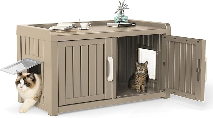 KFY Cat Litter Box Enclosure Resin Hidden Cat Litter Box Furniture Multi-Functional Double Door Spacious Odorless Waterproof UV-Resistant Indoor Outdoor Use Grey