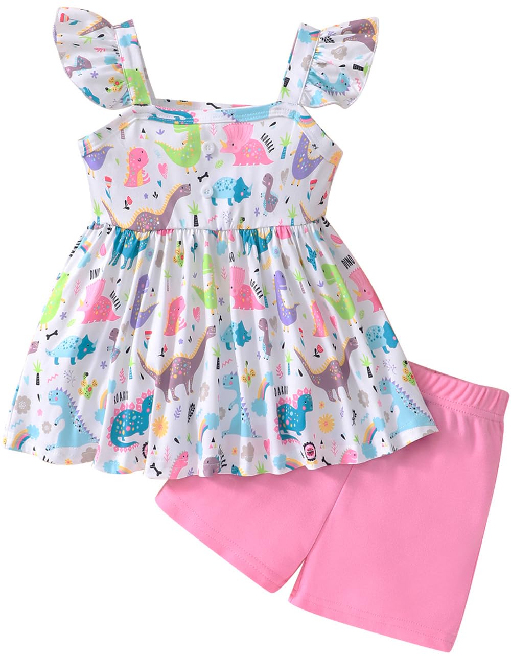 Baby Girl Summer Outfits Dinosaur Clothes Flutter Sleeve Tank Top White Shirts and Causal Shorts 2PCS Dino Clothes Set Size 3t/6652