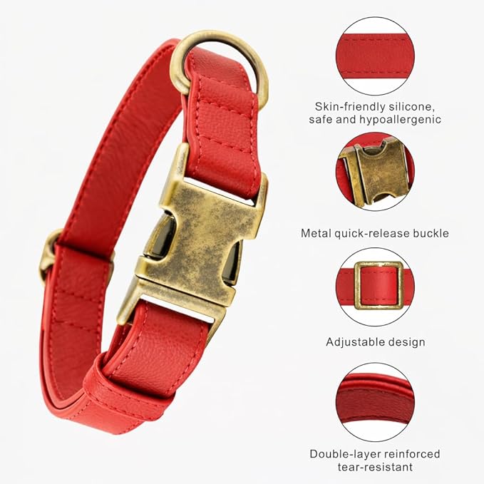 Silicone Dog Collar and Leash Set, Waterproof & Odor-Proof Puppy Collar for Small Dogs, Soft Flexible Leather-Look Dog Collars, Durable Thick Adjustable Pet Collar (Red, Large (16-24.5" Neck))