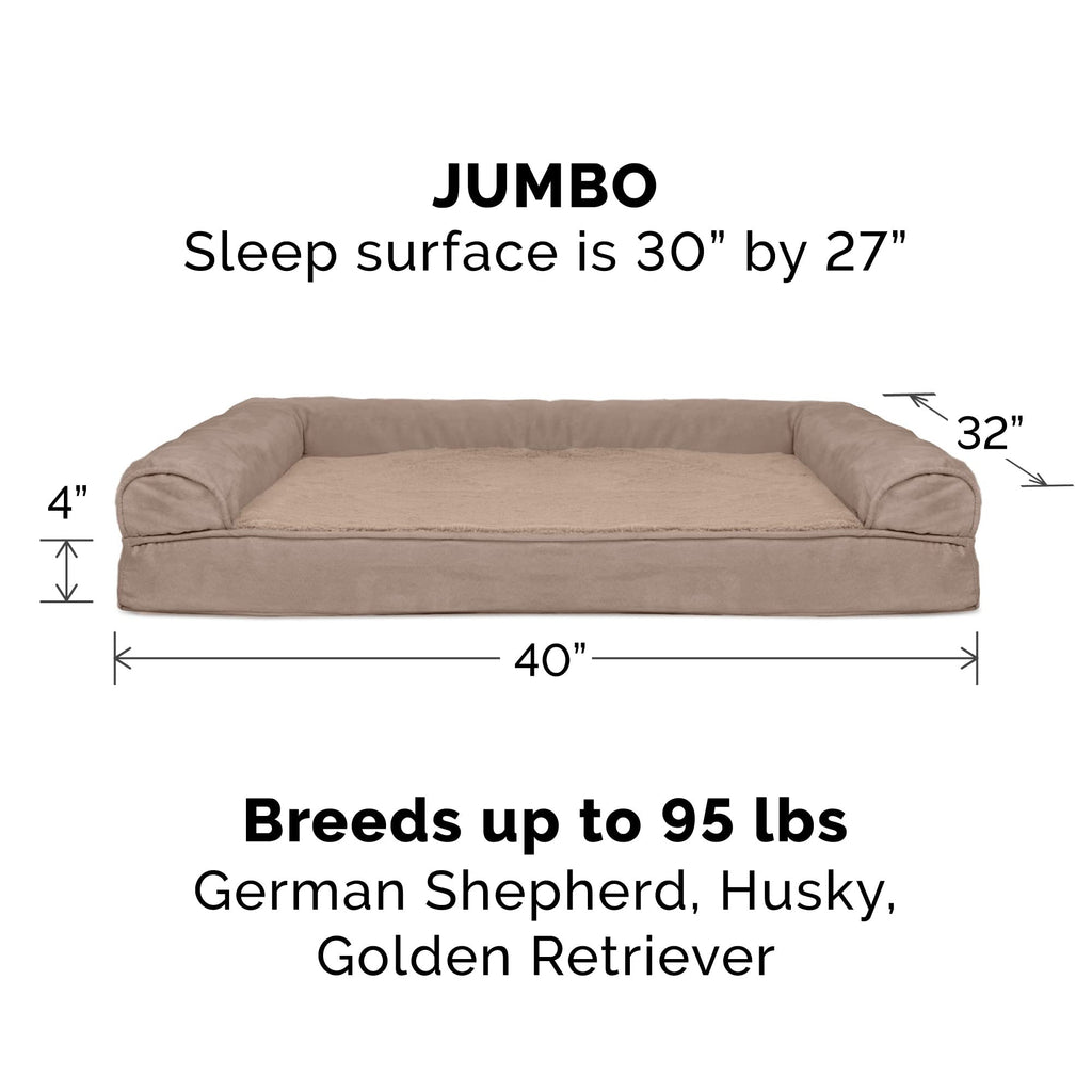 Furhaven Orthopedic Dog Bed for Large Dogs w/ Removable Bolsters & Washable Cover, For Dogs Up to 95 lbs - Plush & Suede Sofa - Almondine, Jumbo/XL