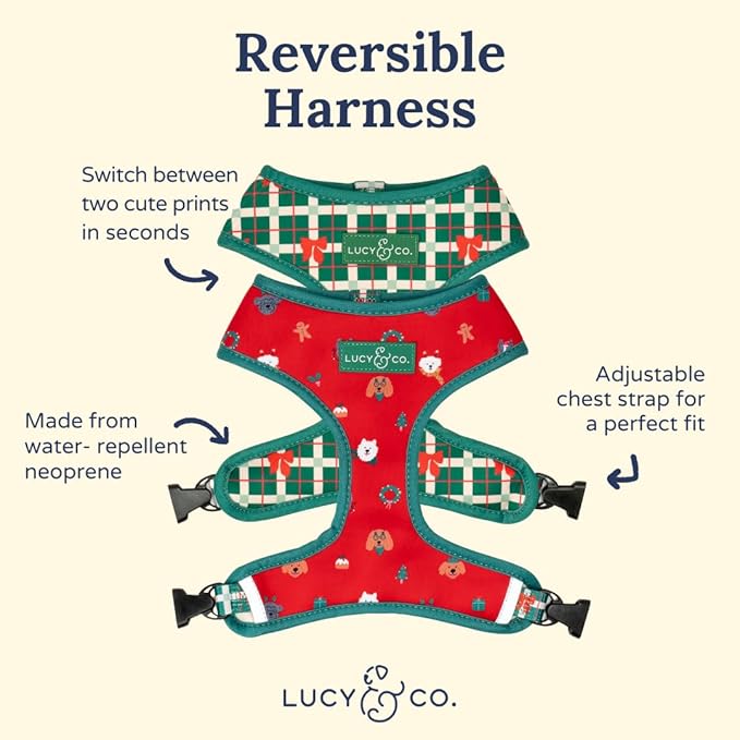 Lucy & Co. Reversible Dog Harness - Water-Repellent Neoprene, Dual-Print Design, Easy Swap Style, Adjustable Comfort Fit - Happy Howlidays Reversible Harness - Large