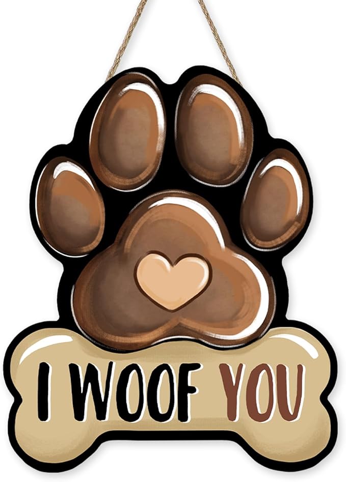 Bolisom Dog Paw Prints Front Door Sign, I Woof You Bone Wood Hanger Outdoor