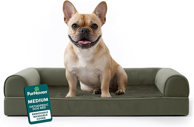 Furhaven Orthopedic Dog Bed for Large/Medium Dogs w/ Removable Bolsters & Washable Cover, For Dogs Up to 55 lbs - Faux Fur & Velvet Sofa - Dark Sage
