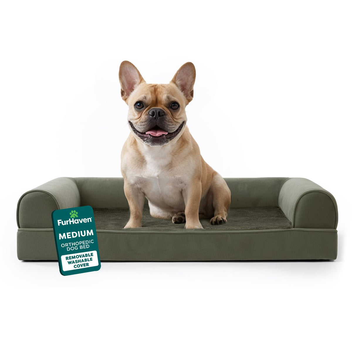 Furhaven Orthopedic Dog Bed for Large/Medium Dogs w/ Removable Bolsters & Washable Cover, For Dogs Up to 55 lbs - Faux Fur & Velvet Sofa - Dark Sage, Large
