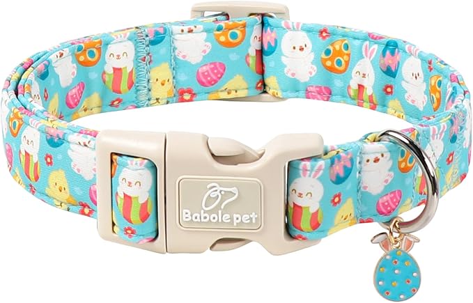 Babole Pet Easter Dog Collar for Small Dogs - Cute Easter Egg Hunt Dog Collars for Boy Girl Dogs, Playful Bunny & Chick Print, Lightweight Adjustable Spring Holiday Dog Collar S