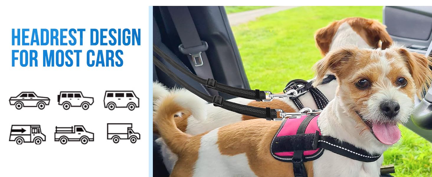 KOOK UDU Dog Seat Belt for Car, Dual Pet Vehicle Headrest Restraint Safety Seatbelt,Two Dog Leash No Tangle Dog Car Leash Seat Belt,Duty Adjust Elastic Connect Harness in Vehicle Travel(Black)