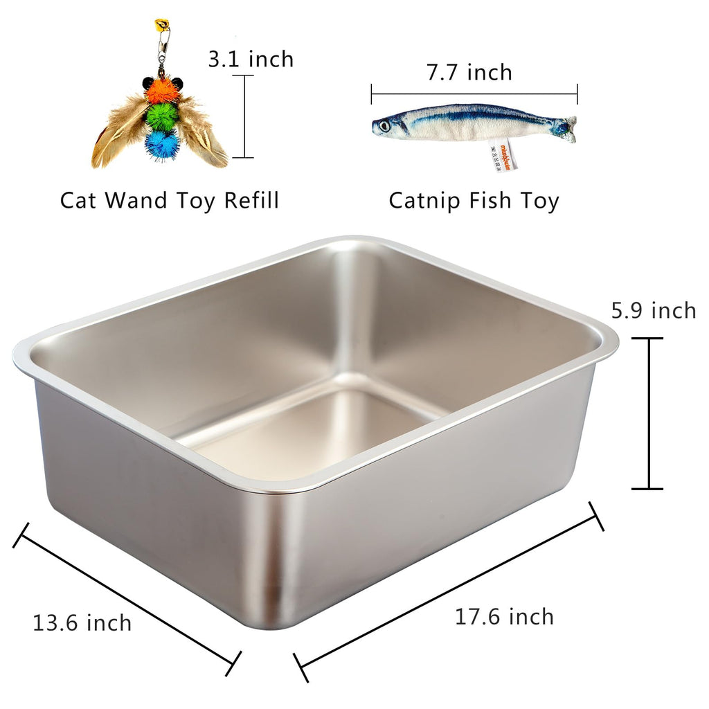 2-Pack Stainless Steel Cat Litter Boxes, Includes Catnip Fish Toy & Wand Feather Toy Refill, Easy to Clean, Pet Toilet Supplies for Kitten, Kitty, Rabbit, Metal Litter Pans for Multi-Cat Homes