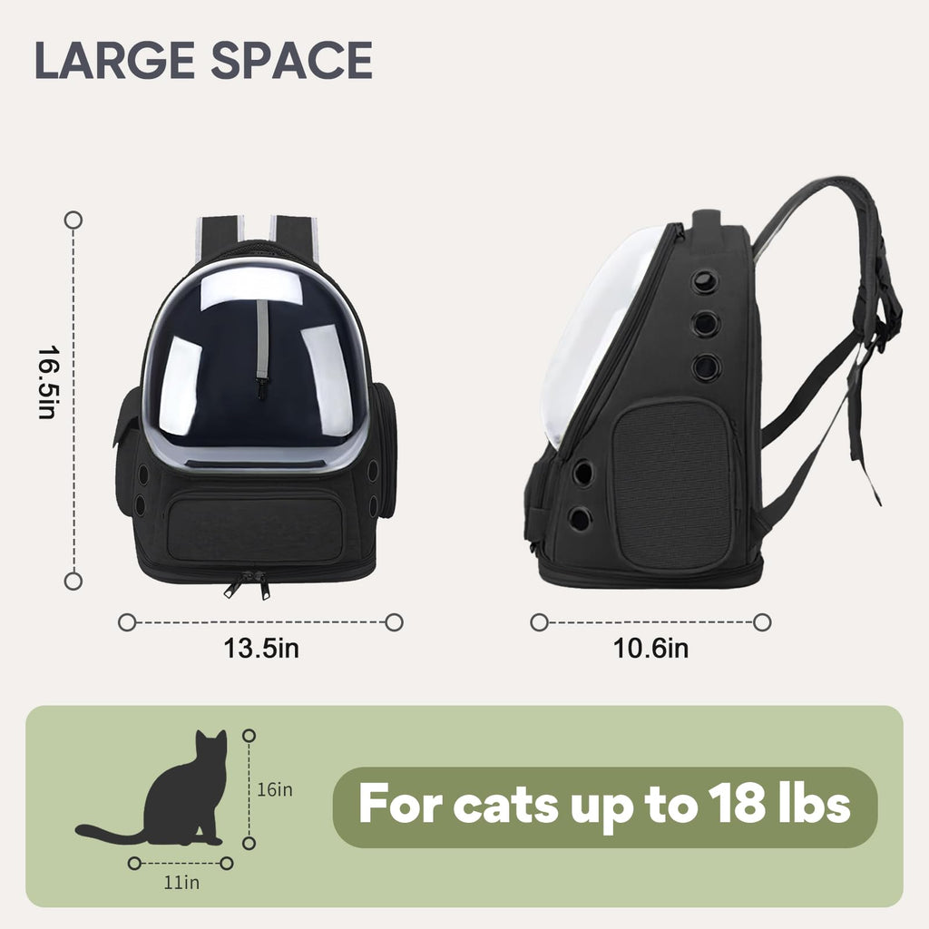Breathable Cat Backpack Carrier, Large Space Cat Bubble Backpack for Kitty & Small Dog up to 18lbs, Foldable Cat Carrier Backpack, Transparent Airline Approved Carrier for Travel (Black)