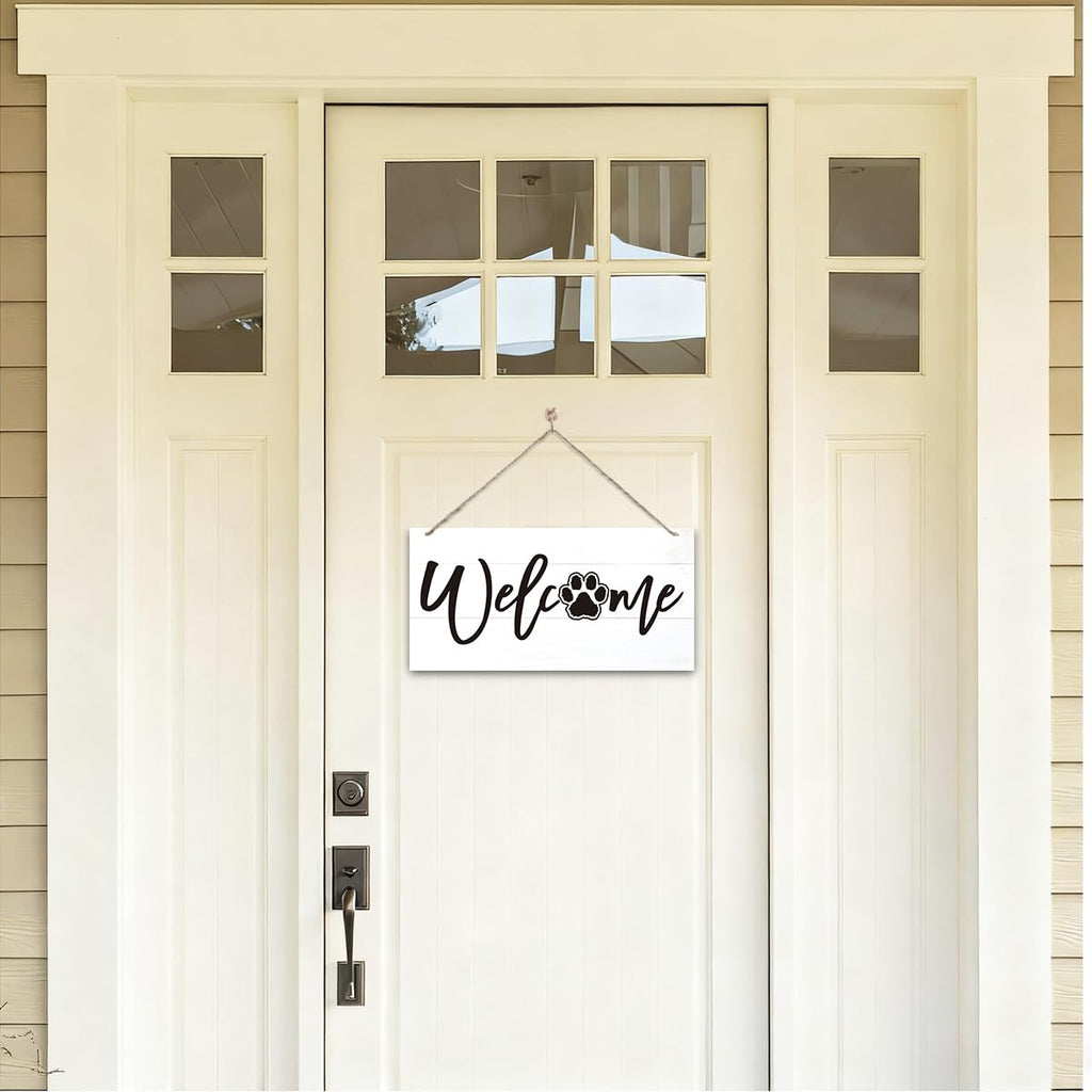 Welcome Sign for Front Door, Welcome Decor Wooden Hanging Sign for Wall Decor, Cat's Paw Pattern Wall Signs, Rustic Funny Wooden Outdoor Front Door Hanging Decoration 13.8X6.9 inches