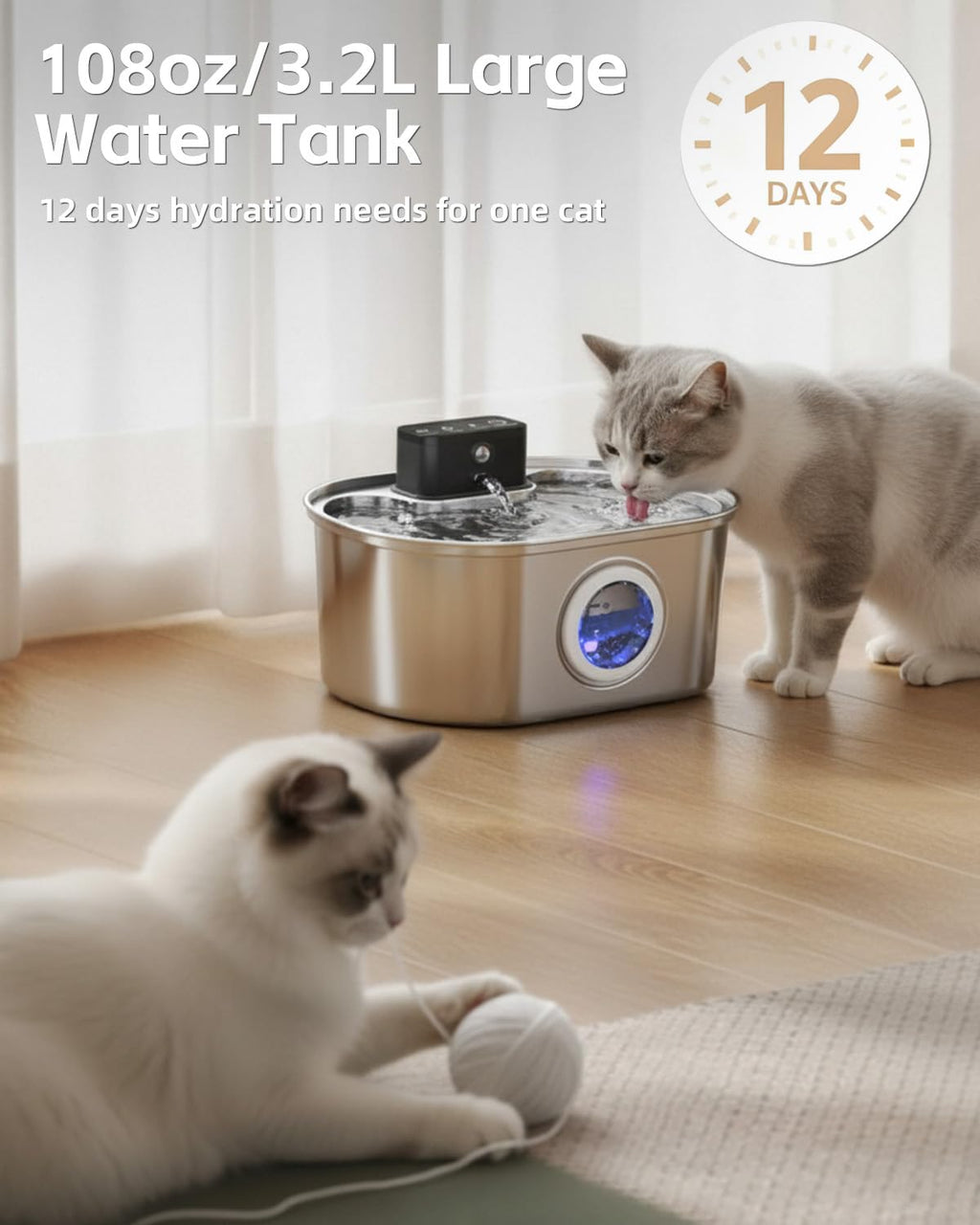 Emdoro Cordless 3.2L/108oz Stainless Steel Cat Water Fountain Pet Fountain