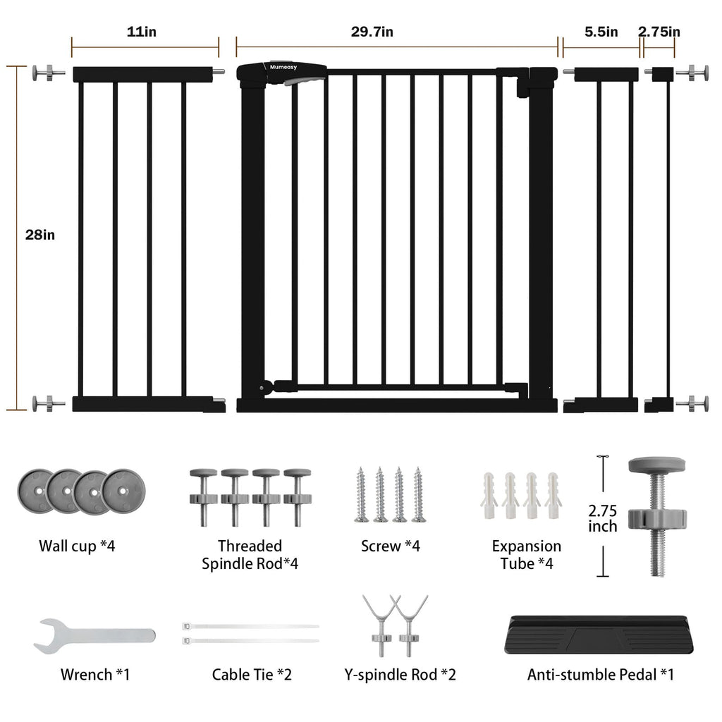 Mumeasy 29.7–51 Inch Extra Wide Baby Gate for Stairs, Extra Long Indoor Dog Gate for Doorways, Pressure Mounted Walk Thru Child Gate with Auto-Close, No-Drill Safety Pet Gate with Door for House,Black