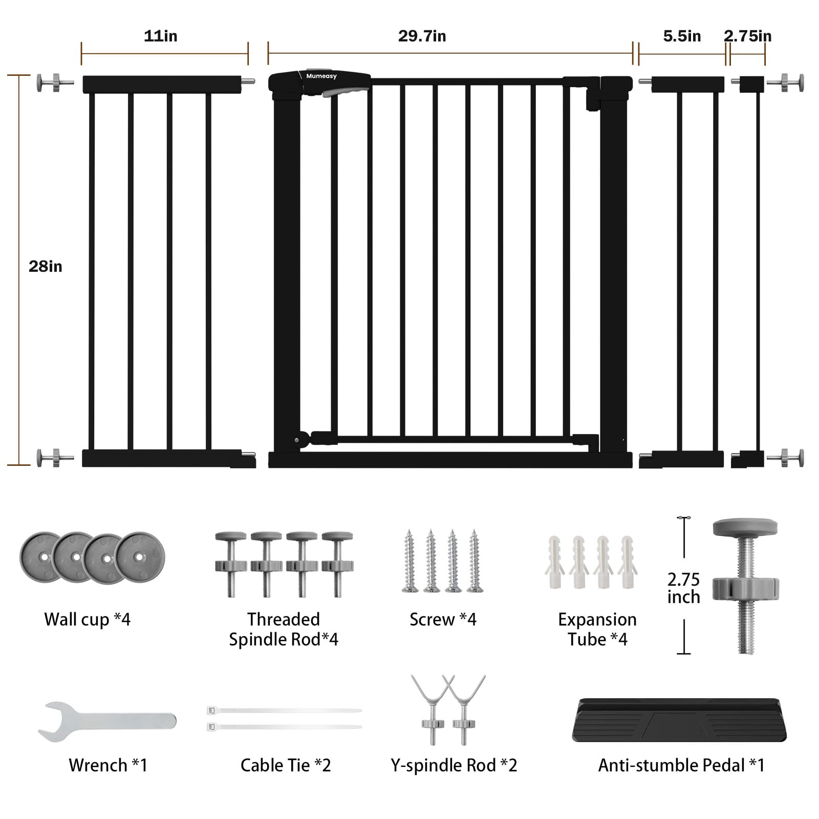 Mumeasy 29.7–51 Inch Extra Wide Baby Gate for Stairs, Extra Long Indoor Dog Gate for Doorways, Pressure Mounted Walk Thru Child Gate with Auto-Close, No-Drill Safety Pet Gate with Door for House,Black