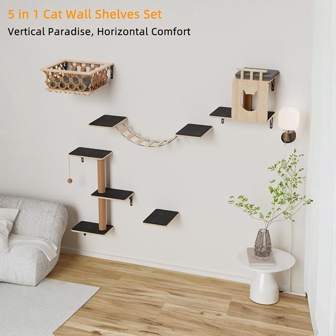 HHOFURN 5-in-1 Cat Wall Shelves Set with Hammock, Wall-Mounted Cat Furniture Includes Condo, Bridge, Ladder & Steps for Indoor Cats, Safe & Stable (Gray)