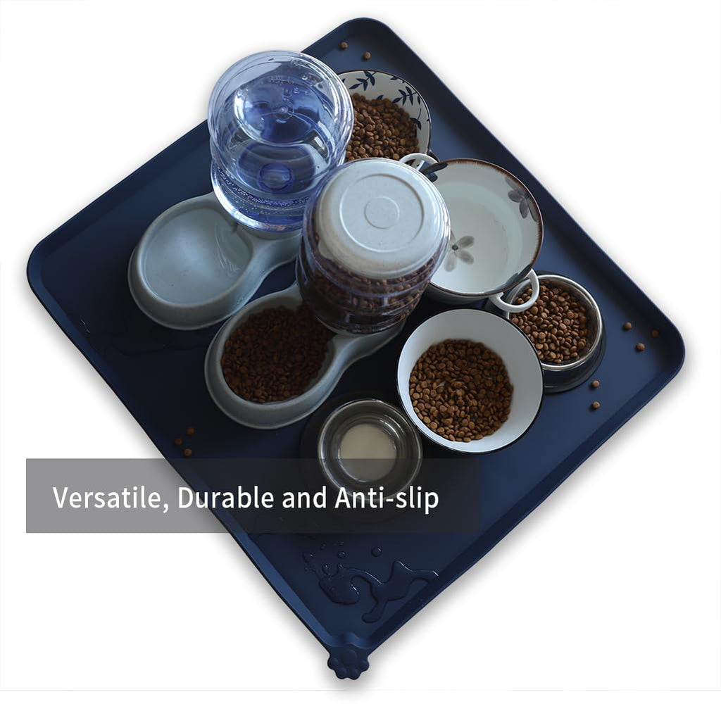 Hoki Found XX-Large Silicone Pet Feeding Mats - Non Slip Dog Cat Bowl Placemats - Waterproof, Carpet Safe - French Navy
