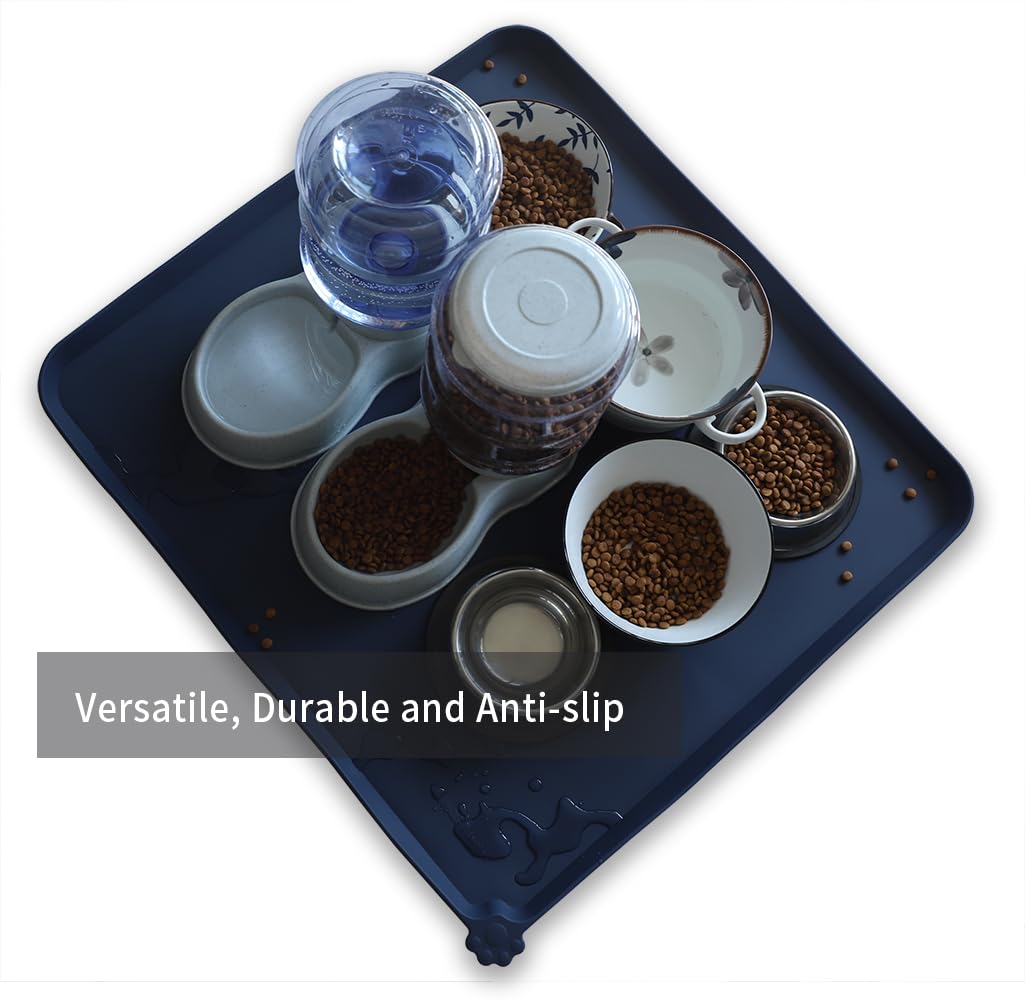Hoki Found XX-Large Silicone Pet Feeding Mats - Non Slip Dog Cat Bowl Placemats - Waterproof, Carpet Safe - French Navy