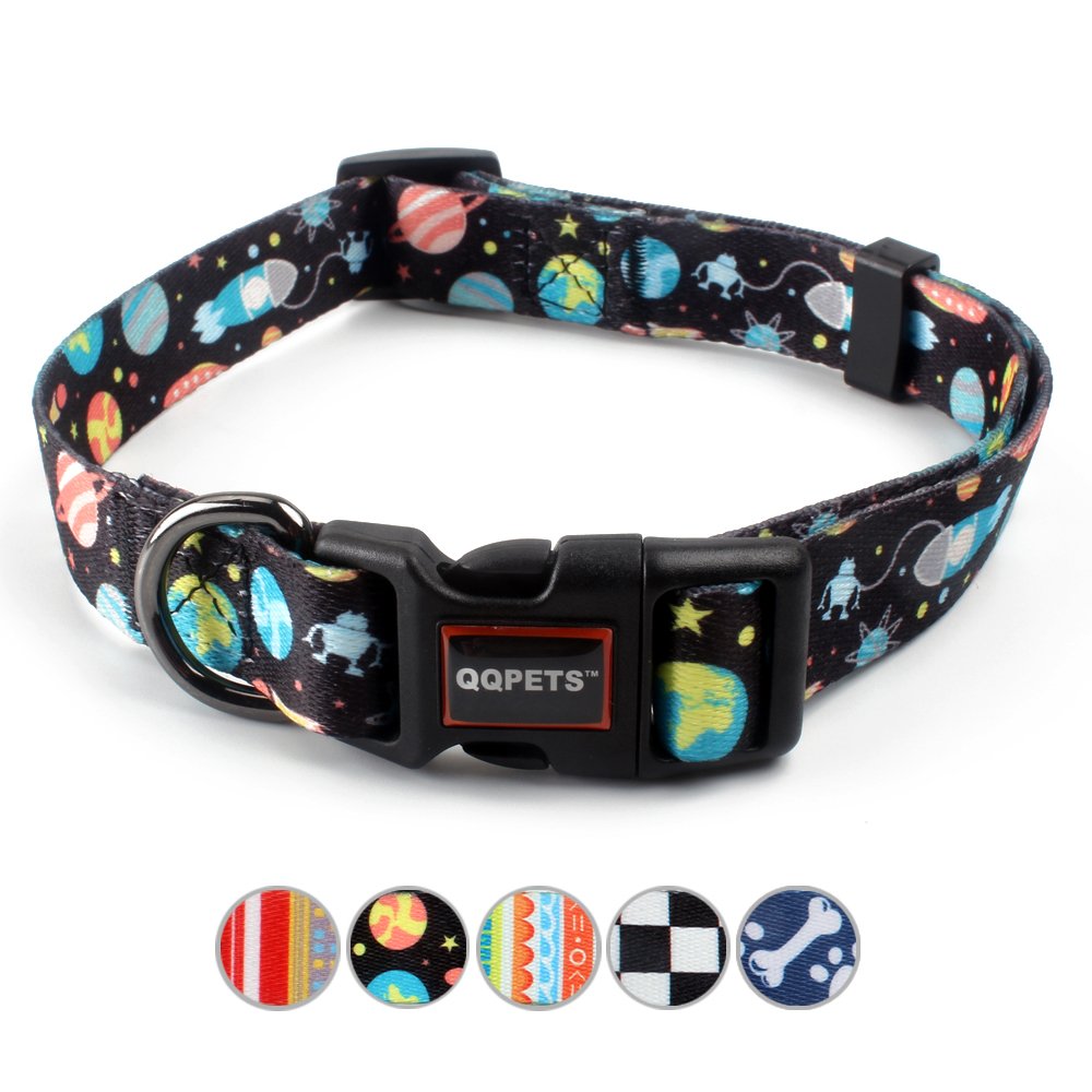 QQPETS Adjustable Soft Dog Collar: Print Flower Pink Multicolor Cute Patterns for XS Small Medium Large Pet Girl Boy Puppy Walking Running Training (L, Space)