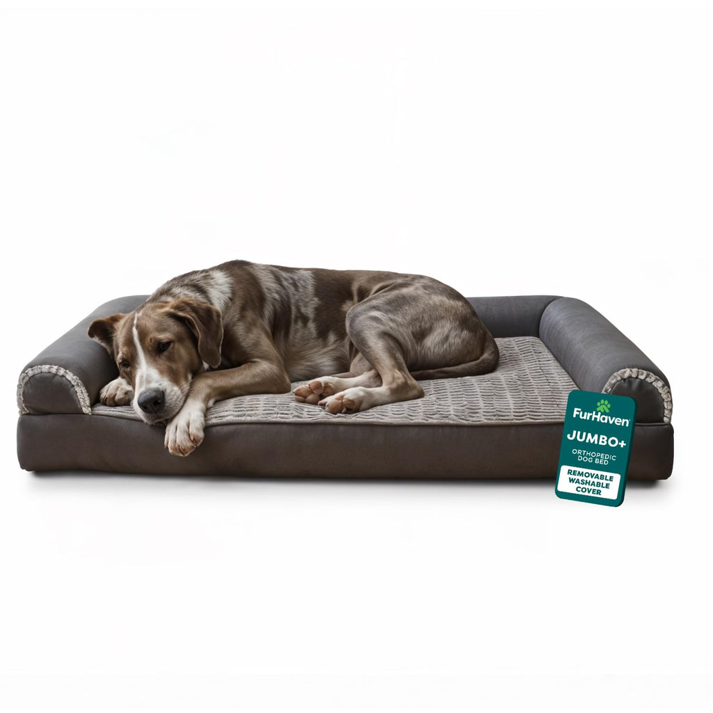 FurHaven Orthopedic Dog Bed For Large Dogs, Sofa Contour Mattress with Solid Orthopedic Foam Slab for Joint Support, Removable Washable Cover, Jumbo Plus XXL, Faux Fur, Charcoal