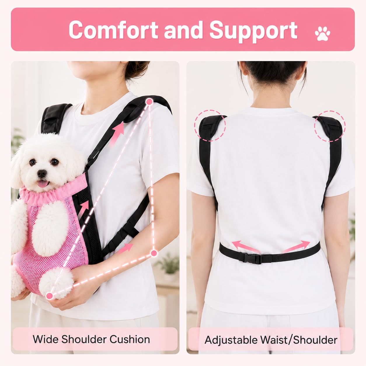 Inspack Dog Backpack Carrier/Cat Carrier, Adjustable Pet Front Carriers Travel Bag for Puppy Medium Dogs, Legs Out, Soft Ventilated Doggie Chest Carry Backpacks for Hiking/Camping, 7-11 lbs, Pink