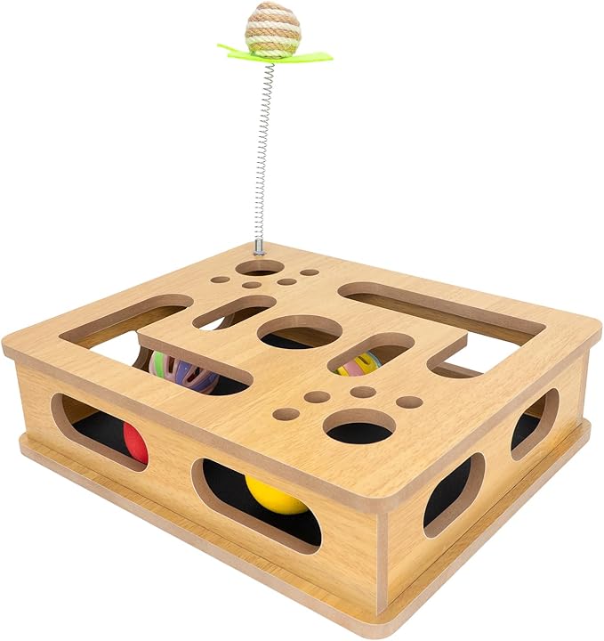 MUCAOL Cat Scratch Puzzle Enrichment Box,Clawcraft Wooden Cat Scratcher,No Assembly Required,Built-in Sandpaper Trims Your pet's Claws as They Play(Burlywood Color)