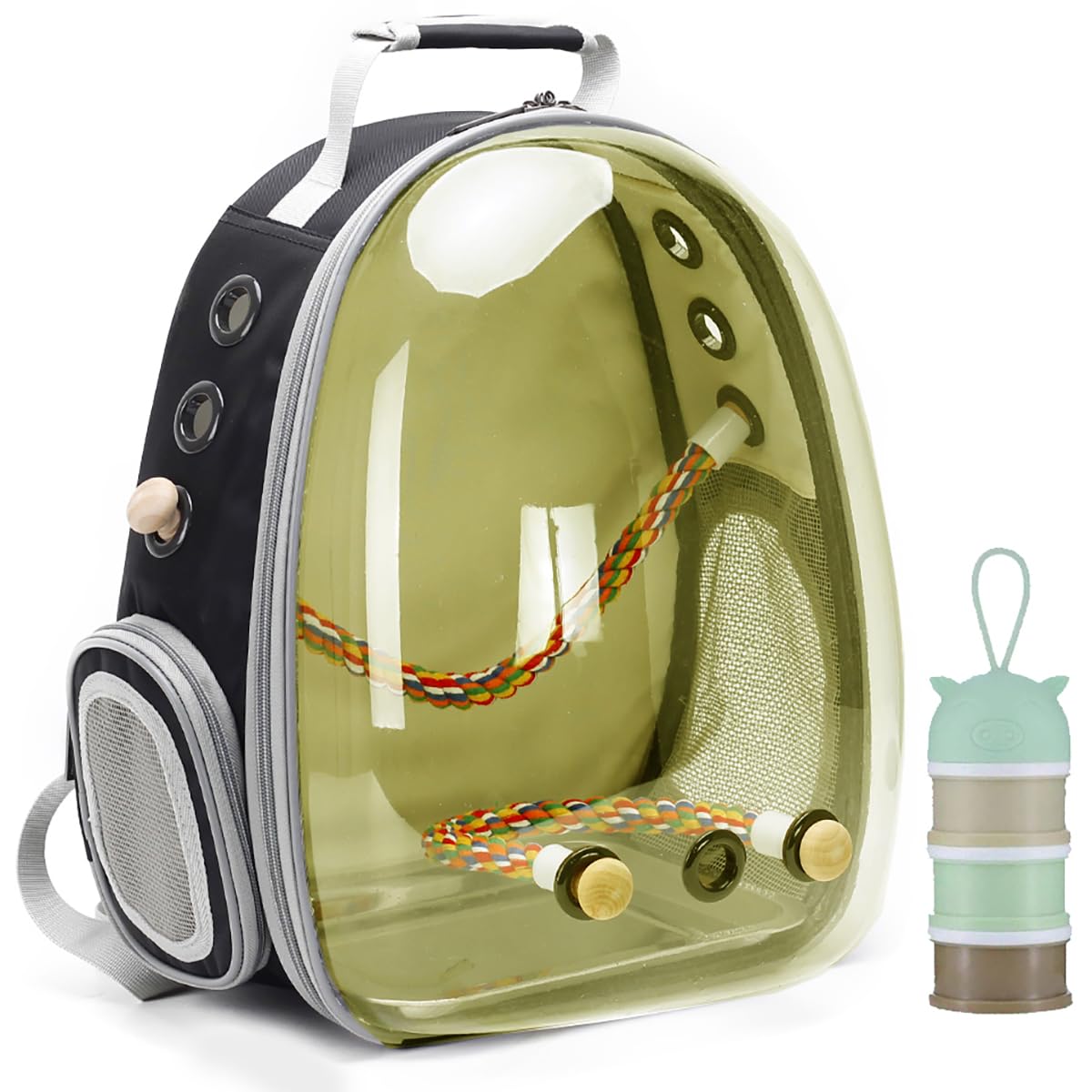 Bird Traval Carrier Cage, Clear Space Capsule Astronaut Backpack to Carry Parakeet Cockatiel Parrot with Metal Tray Wood Perch Bird Feeder, Vet Transport School Bag