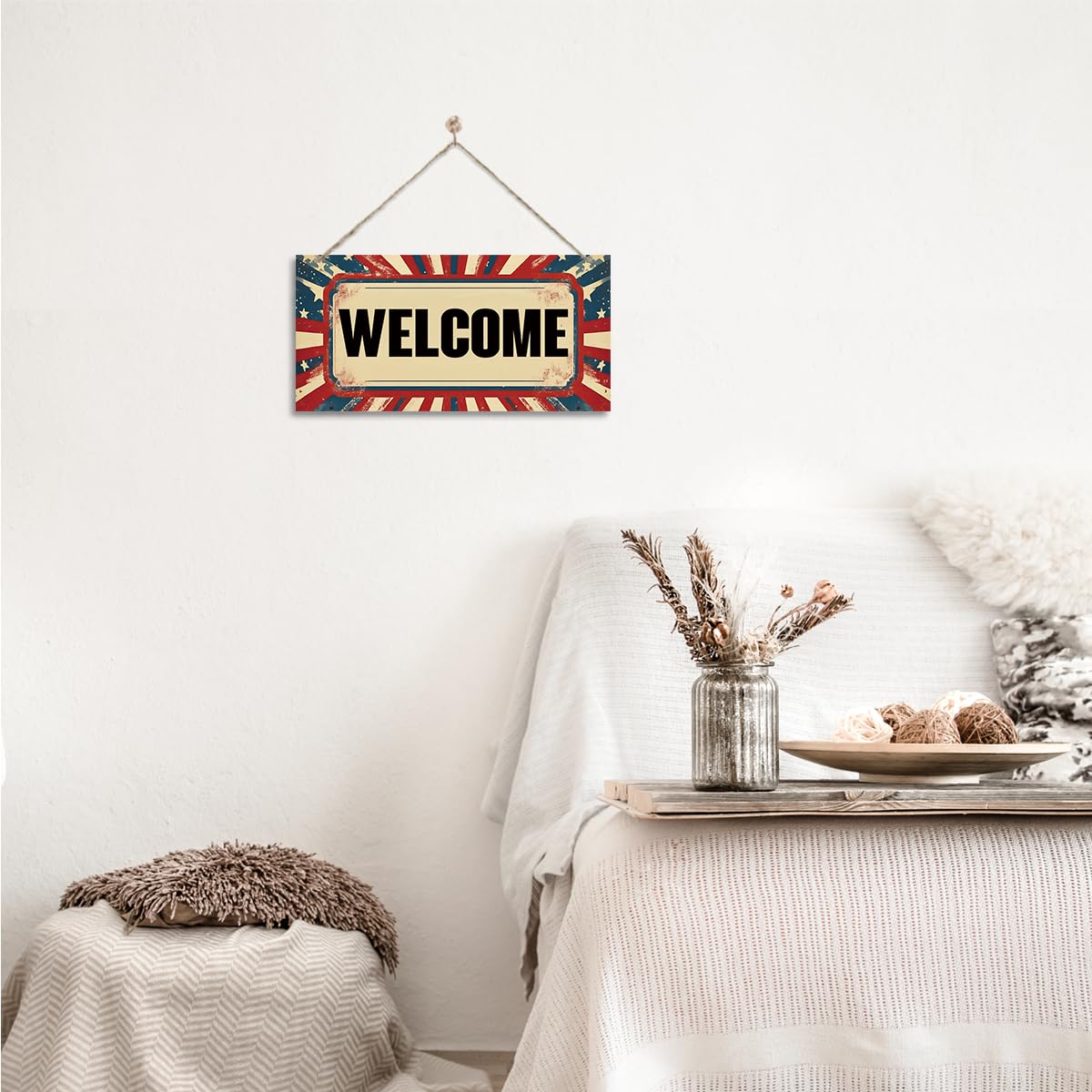 Welcome Sign for Front Door, Welcome Decor Wooden Hanging Sign for Wall Decor, Retro America Wall Hanging Signs, Funny Wooden Outdoor Front Door Decoration 13.8X6.9 inches