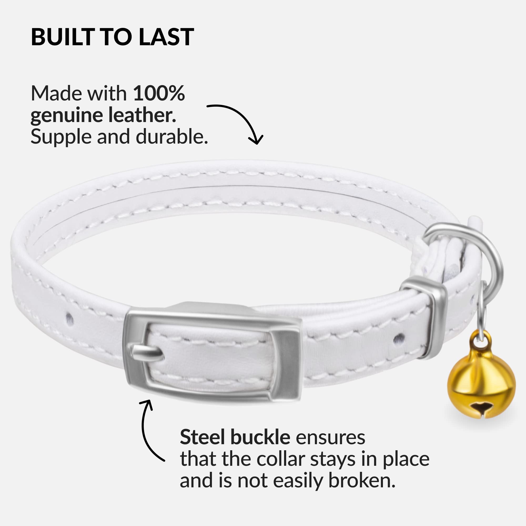 Soft Leather Cat Collar with Safety Elastic Strap - White