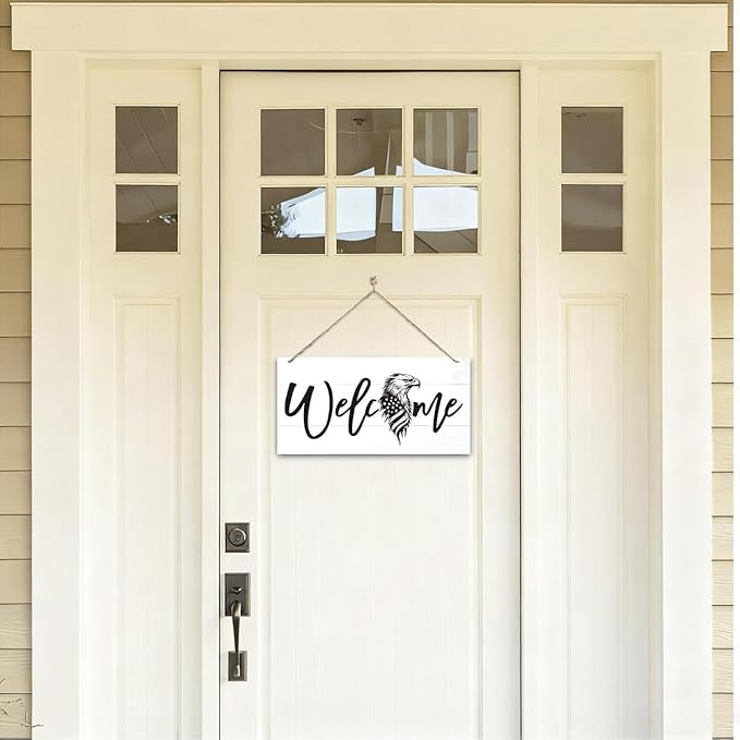 Welcome Sign for Front Door, Welcome Decor Wooden Hanging Sign, Patriotic Theme American Bald Eagle Pattern Wall Hanging Decor, Funny Wooden Outdoor Front Door Decoration 13.8X6.9 inches