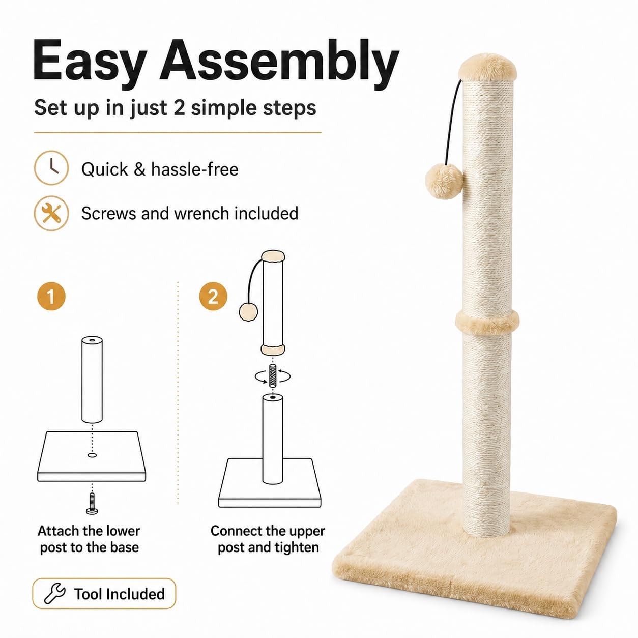 Dimaka 29" Height Tall Cat Scratching Post, Claw Scratcher with Sisal Rope and Covered with Soft Smooth Plush, Vertical Scratch [Full Strectch] for Standard Size Cats (Light Brown, 29 inches)
