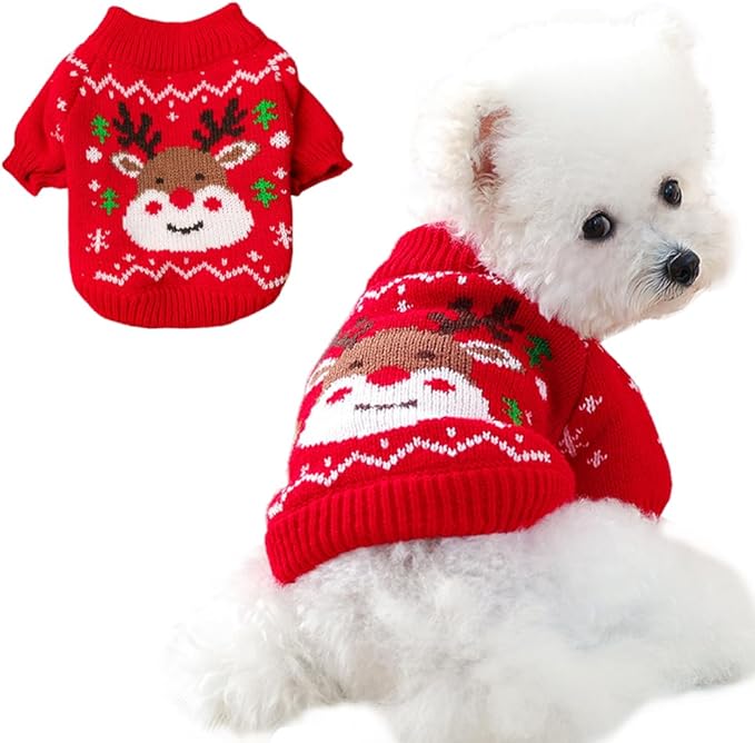 Christmas Dog Outfit Red Puppy Sweater for Small Dogs Girl Boy Elk Snowflake Cat Knitwear Reindeer Knitted Pet Clothes Santa Deer Costume for Chihuahua Yorkie Poodle (Red-2, Small)