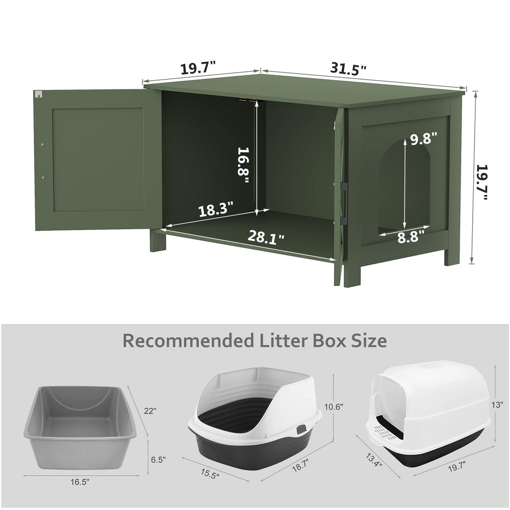 Homhedy 31.5" L Cat Litter Box Enclosure with Barn Door, Green