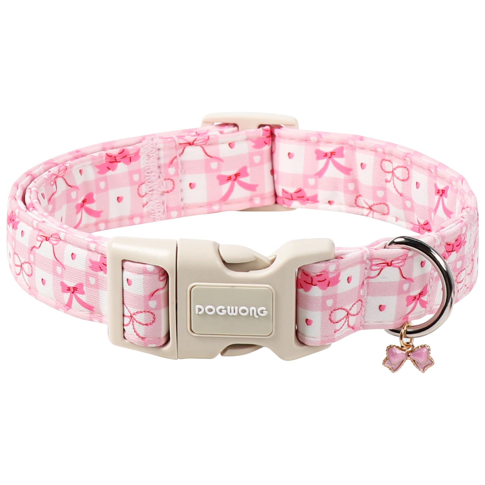 DOGWONG Pink Plaid Dog Collar-Cute Pink Bowtie Print Dog Collar, Adjustable Cotton Girl Female Pet Collar with Quick Release Buckle,XL